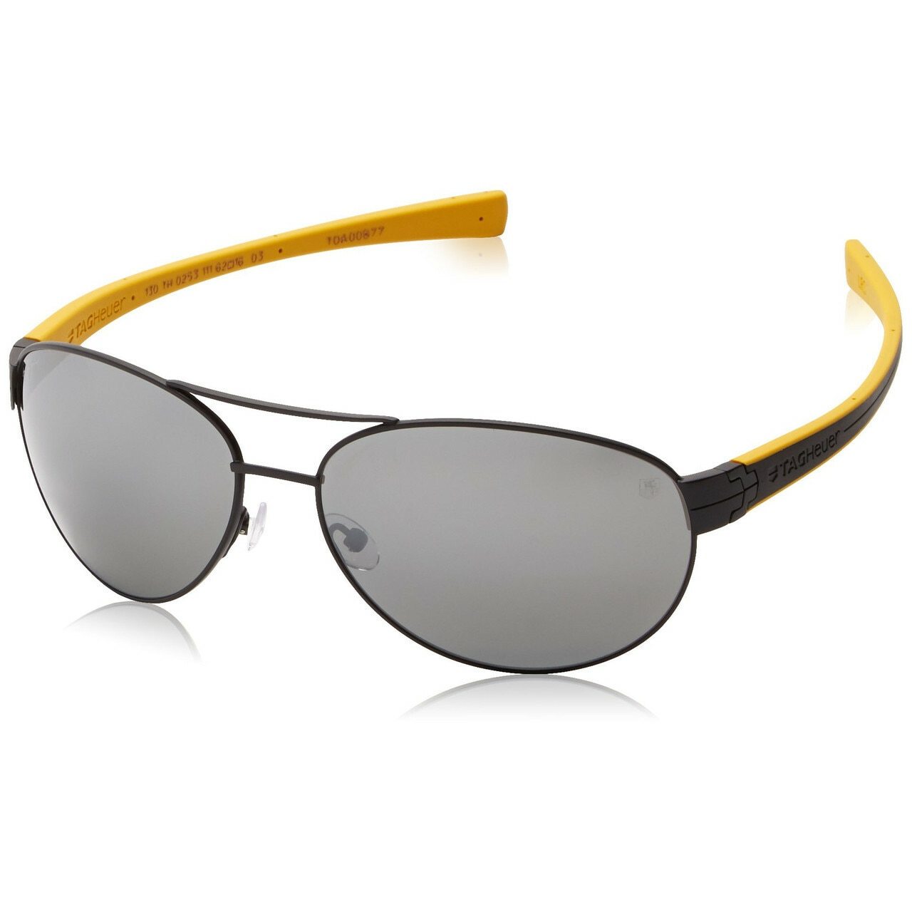 TAG Heuer LRS 0253 111 Black and Yellow Aviator Sunglasses with Polarized Grey Lenses, showcasing a sleek design and high-quality craftsmanship.